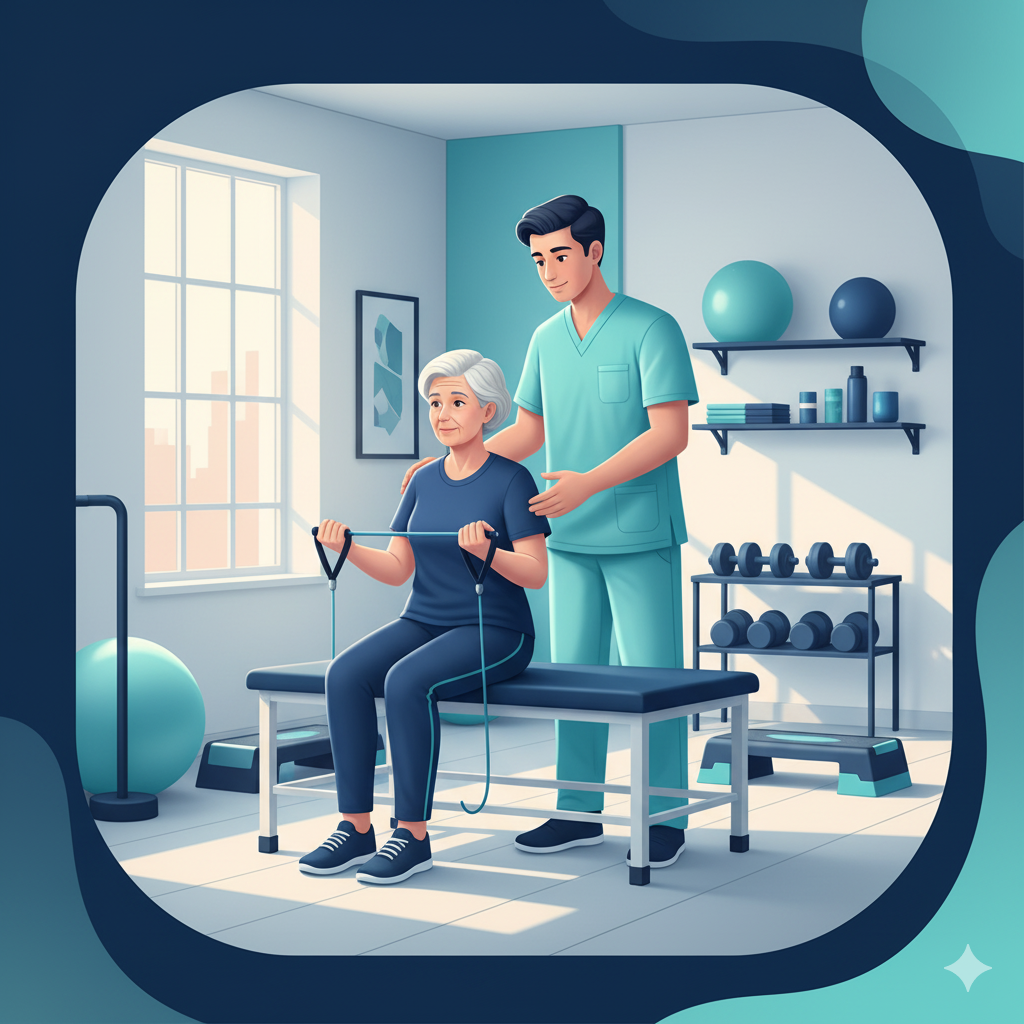 Elderly patient working with a physical therapist to improve mobility.